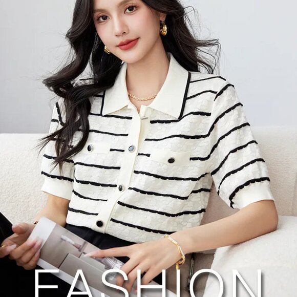 Elegant Polo Collar Women Slimming Knitted Half Sleeve Shirt - Picture 4 of 6